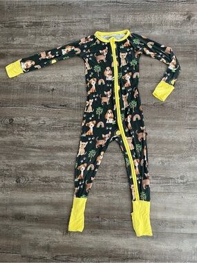 The Sleepy Sloth Dog Print Footed One-Piece with Yellow Trim
